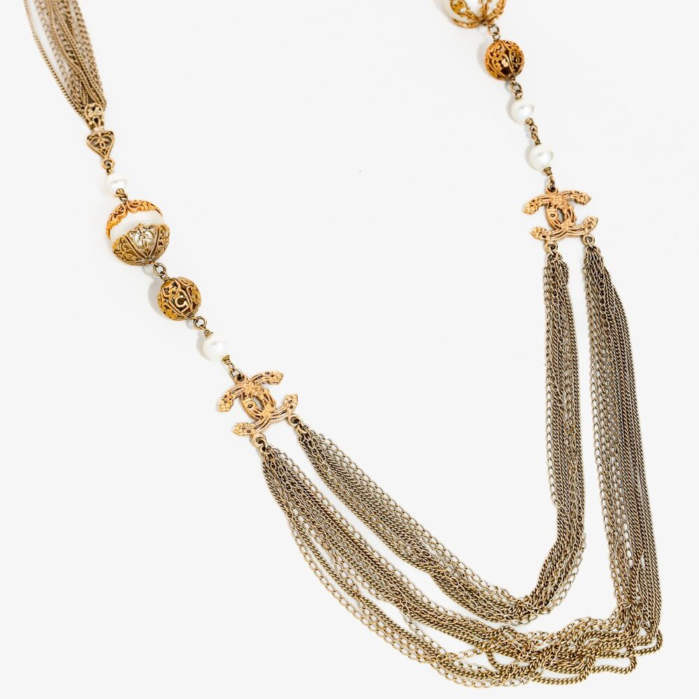 Chanel Multi-Chain Pearls Golden Camellias & Clovers Good Luck Necklace